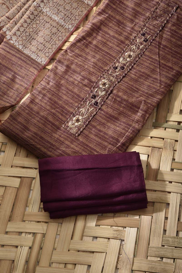 Brown Chanderi Cotton Dress Material