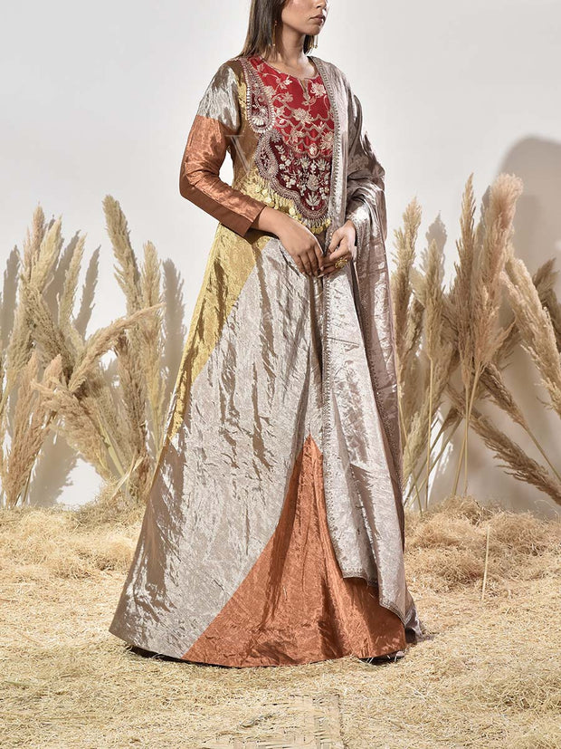 Brown and Golden Embroidered Tissue Gown