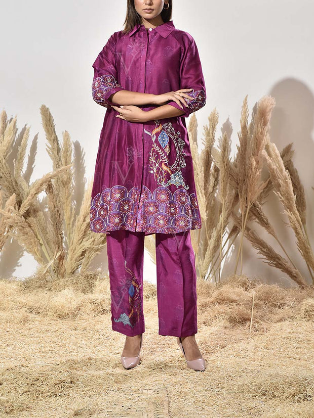 Magenta Pink Vasansi Silk Embroidered Kurta and Pant Set