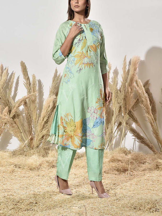 Mint Green Vasansi Silk Embroidered Kurta and Pant Set
