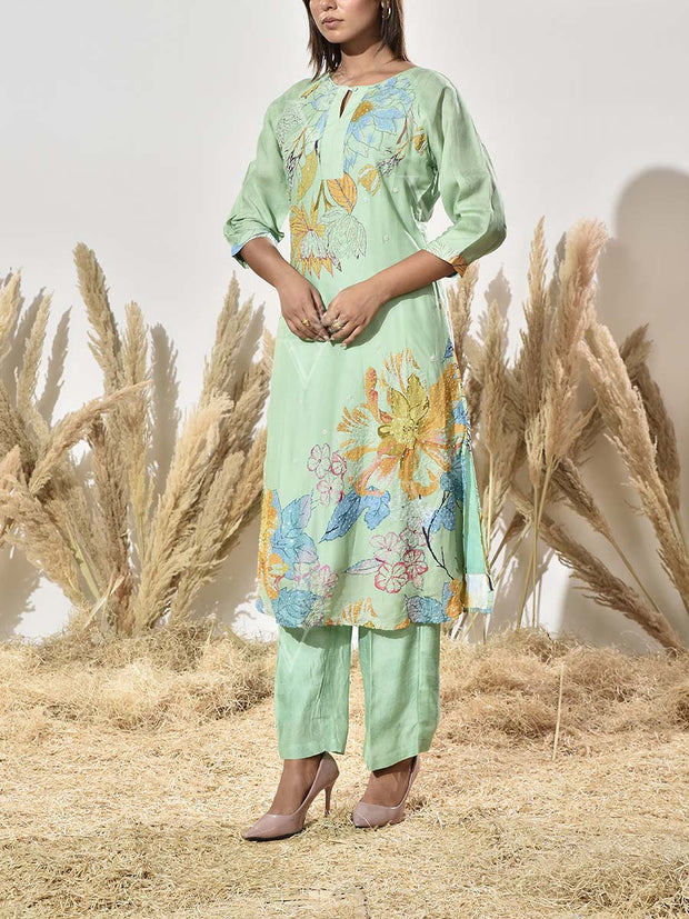Mint Green Vasansi Silk Embroidered Kurta and Pant Set