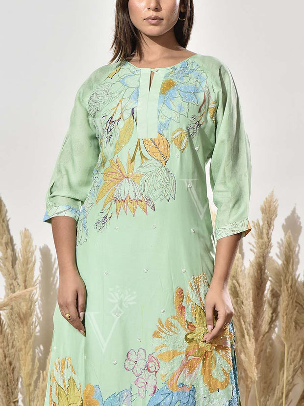 Mint Green Vasansi Silk Embroidered Kurta and Pant Set