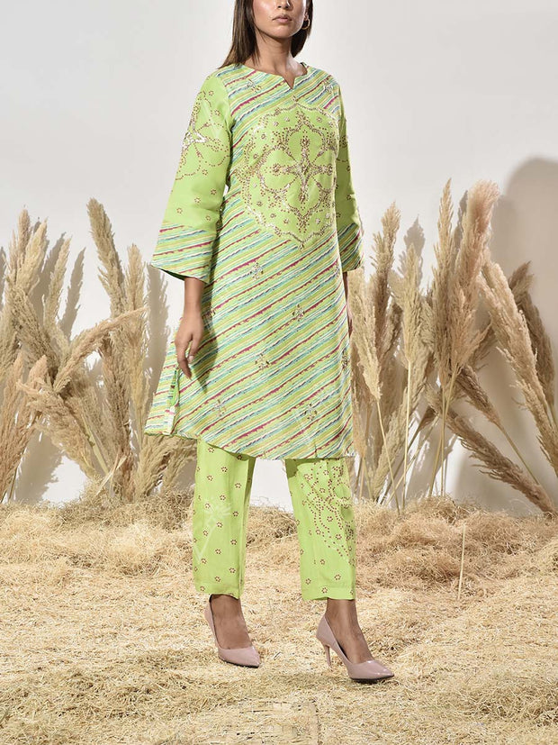 Green Embroidered Vasansi Silk Leheriya Kurta and Pant Set