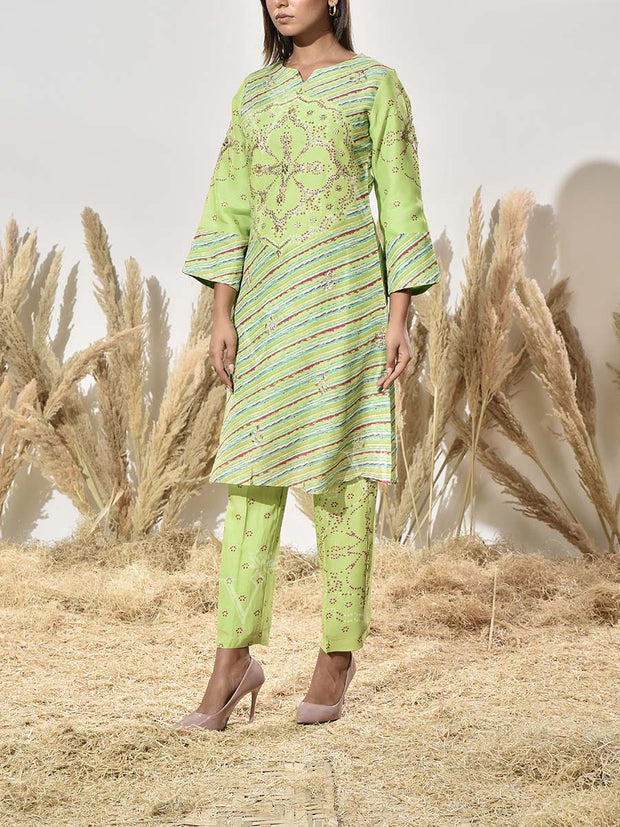 Green Embroidered Vasansi Silk Leheriya Kurta and Pant Set