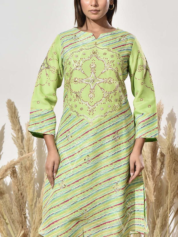 Green Embroidered Vasansi Silk Leheriya Kurta and Pant Set