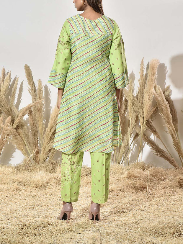 Green Embroidered Vasansi Silk Leheriya Kurta and Pant Set