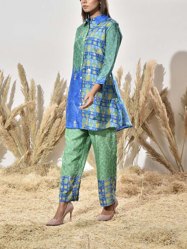 Blue and Green Vasansi Silk Embroidered Co Ord Set