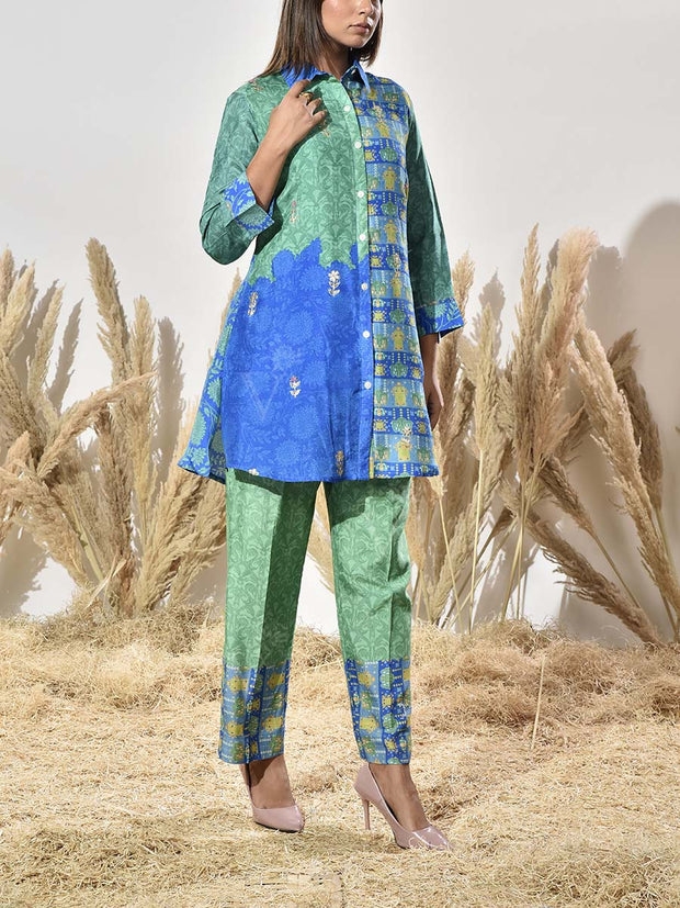 Blue and Green Vasansi Silk Embroidered Co Ord Set