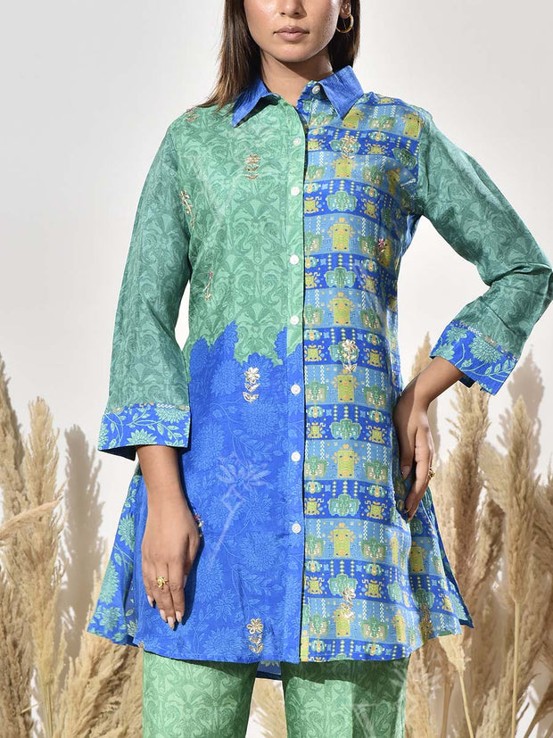 Blue and Green Vasansi Silk Embroidered Co Ord Set