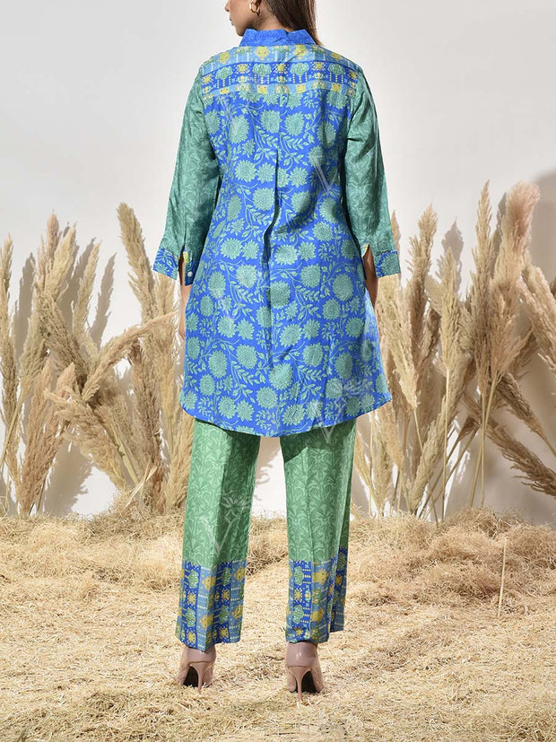Blue and Green Vasansi Silk Embroidered Co Ord Set