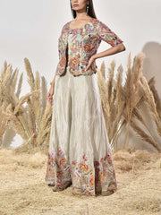 Beige Tissue Embroidered Jacket and Palazzo Set