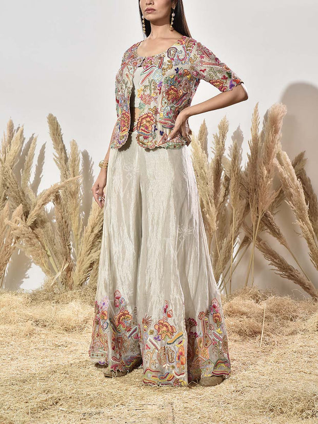 Beige Tissue Embroidered Jacket and Palazzo Set