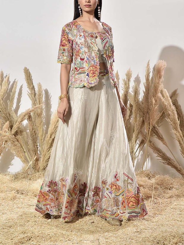 Beige Tissue Embroidered Jacket and Palazzo Set