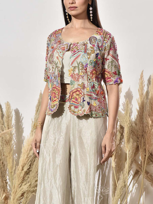 Beige Tissue Embroidered Jacket and Palazzo Set