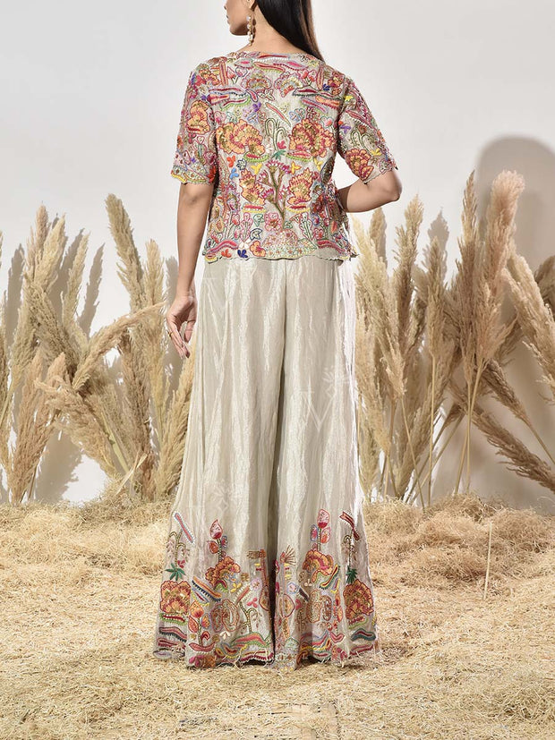 Beige Tissue Embroidered Jacket and Palazzo Set