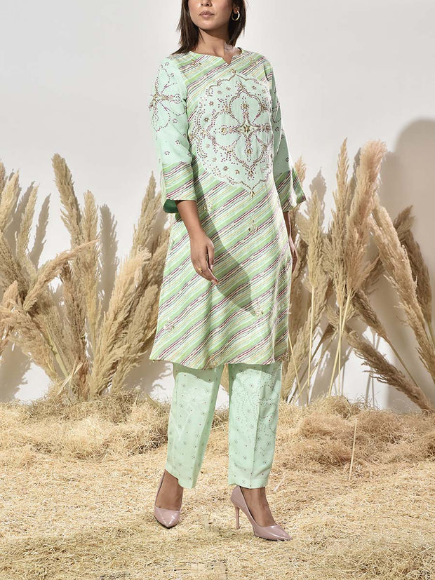 Mint Green Embroidered Vasansi Silk Leheriya Kurta and Pant Set