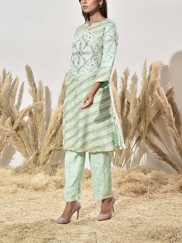 Mint Green Embroidered Vasansi Silk Leheriya Kurta and Pant Set