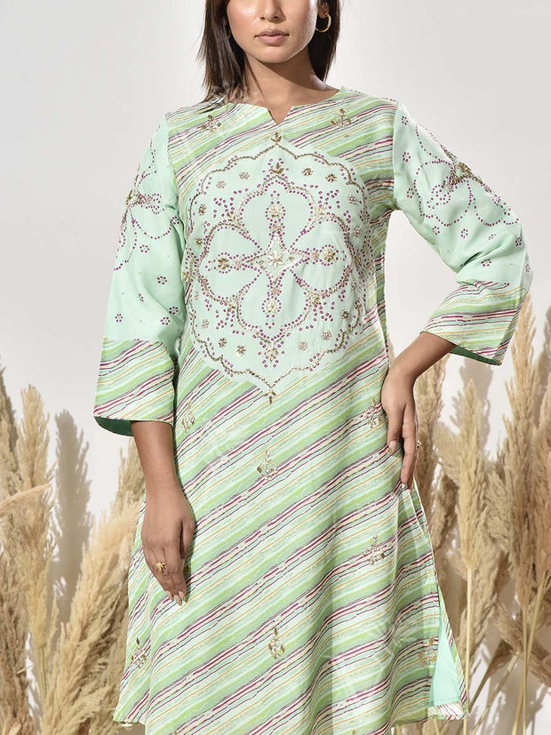Mint Green Embroidered Vasansi Silk Leheriya Kurta and Pant Set
