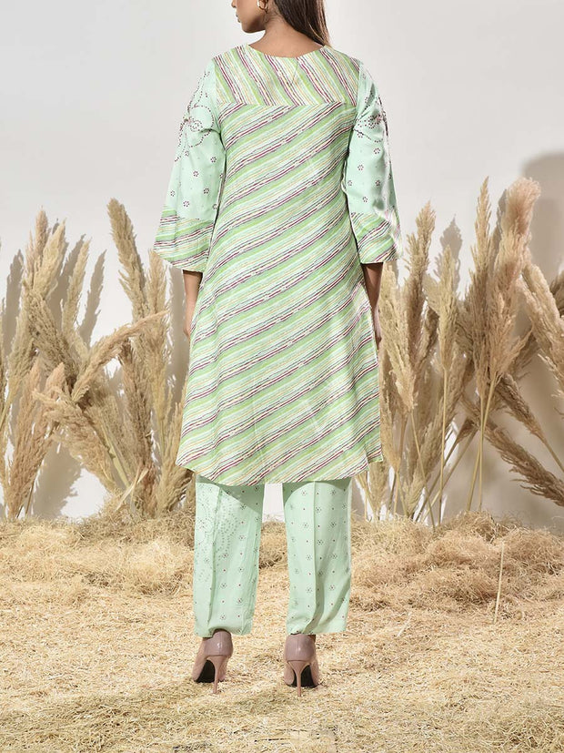 Mint Green Embroidered Vasansi Silk Leheriya Kurta and Pant Set
