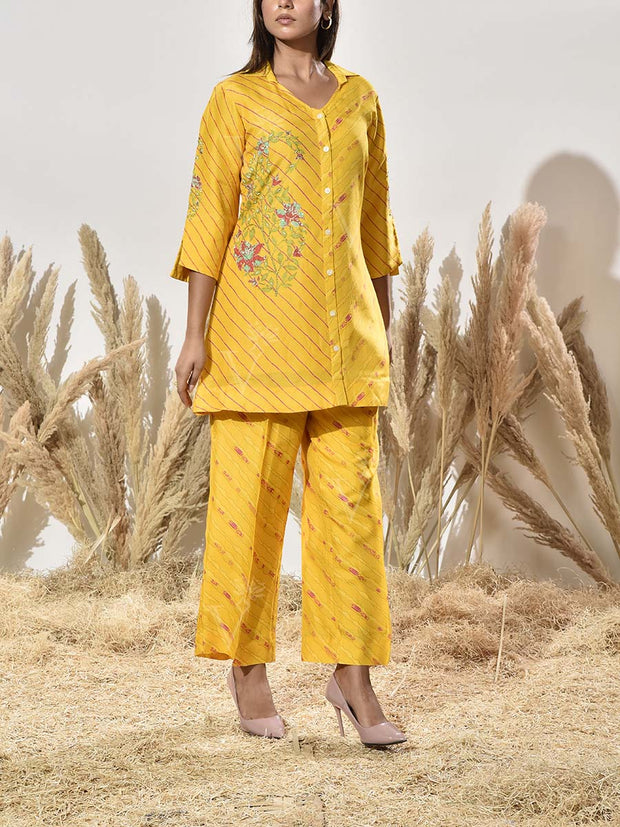 Yellow Embroidered Vasansi Silk Leheriya Co Ord Set