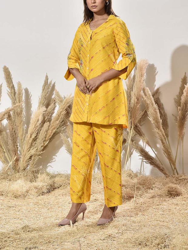 Yellow Embroidered Vasansi Silk Leheriya Co Ord Set