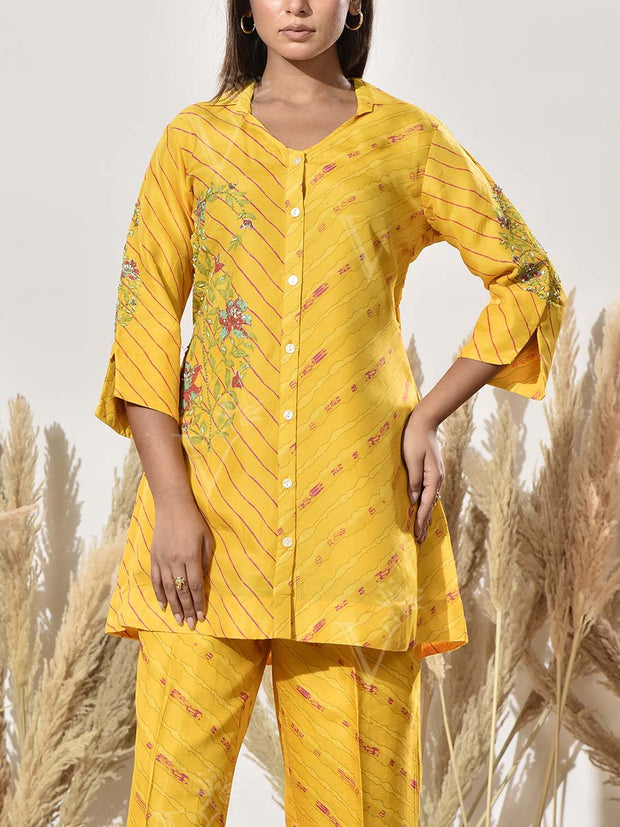 Yellow Embroidered Vasansi Silk Leheriya Co Ord Set