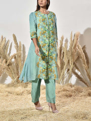 Green Embroidered Vasansi Silk Kurta and Pant Set