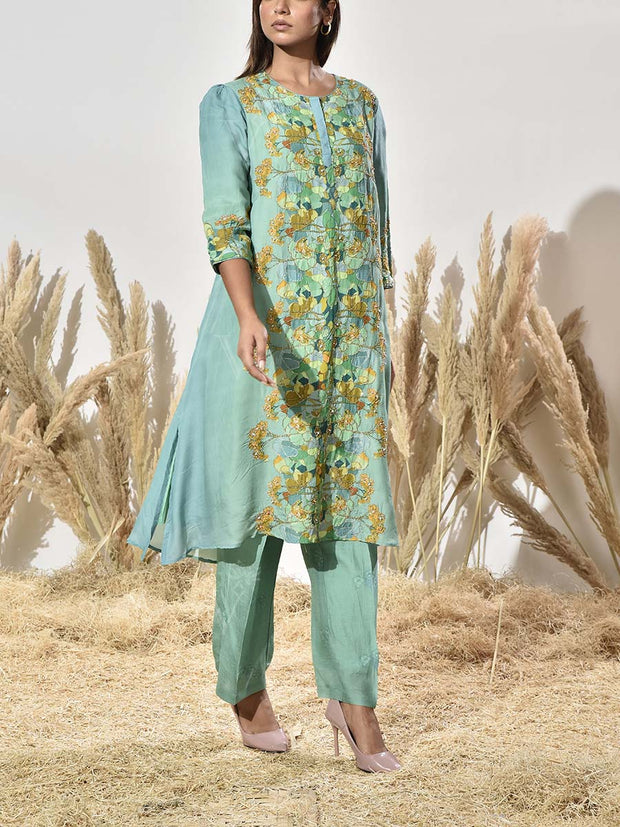 Green Embroidered Vasansi Silk Kurta and Pant Set