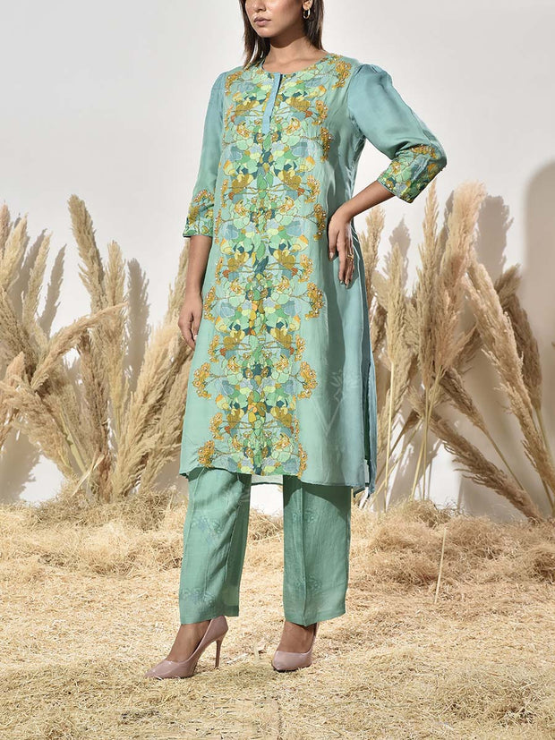 Green Embroidered Vasansi Silk Kurta and Pant Set