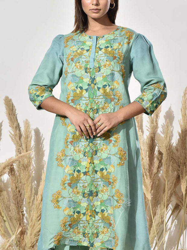 Green Embroidered Vasansi Silk Kurta and Pant Set