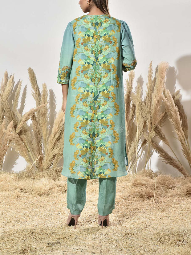 Green Embroidered Vasansi Silk Kurta and Pant Set