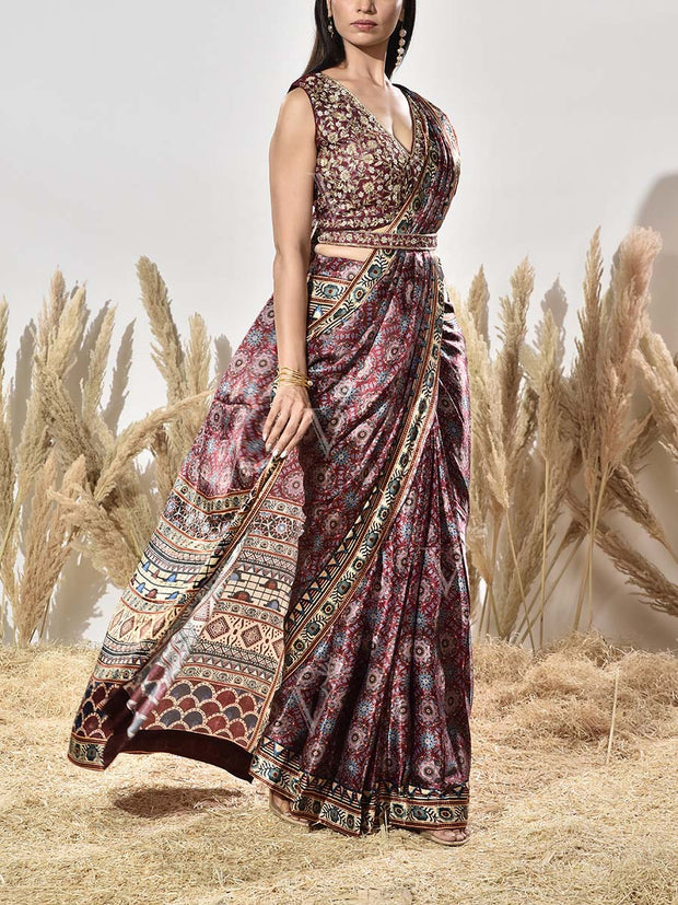 Maroon Satin Silk Printed Saree