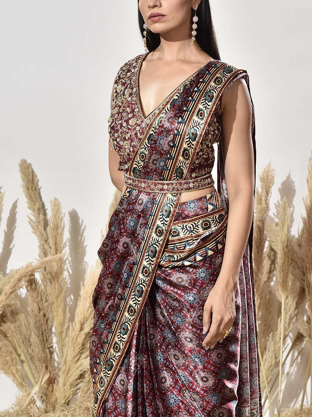 Maroon Satin Silk Printed Saree