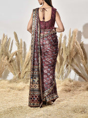 Maroon Satin Silk Printed Saree