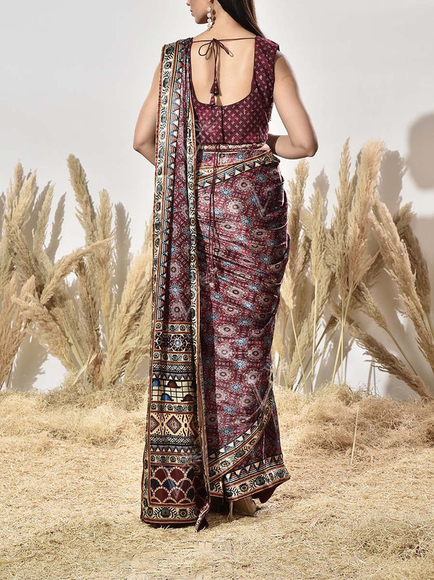 Maroon Satin Silk Printed Saree