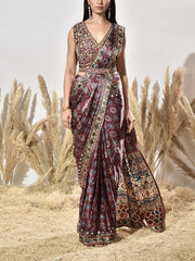 Maroon Satin Silk Printed Saree