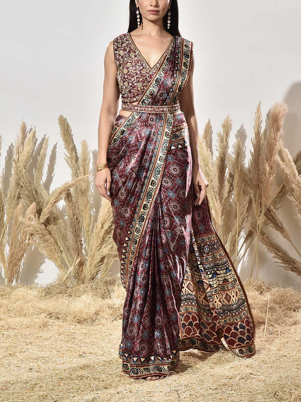 Maroon Satin Silk Printed Saree