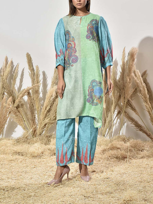 Blue and Green Vasansi Silk Printed Kurta and Pant Set