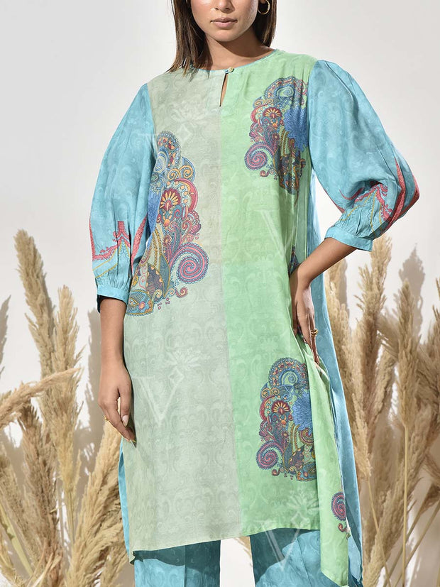 Blue and Green Vasansi Silk Printed Kurta and Pant Set