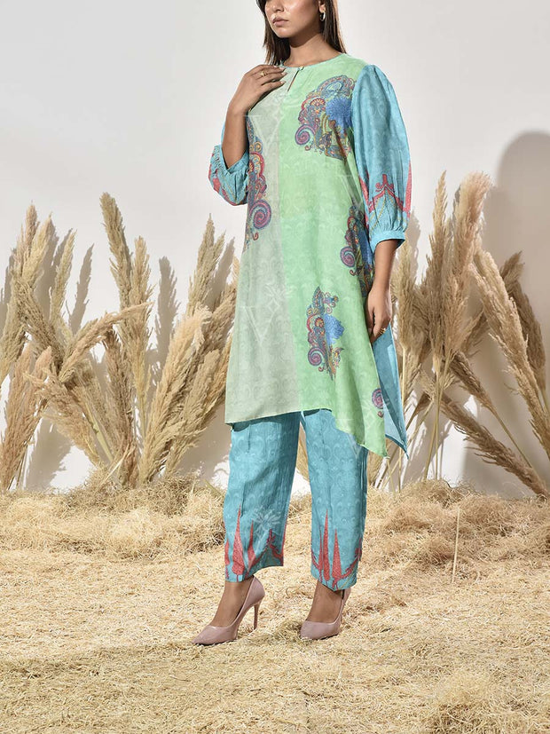 Blue and Green Vasansi Silk Printed Kurta and Pant Set