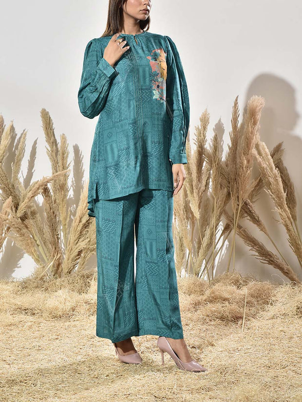 Teal Vasansi Silk Printed Co Ord Set