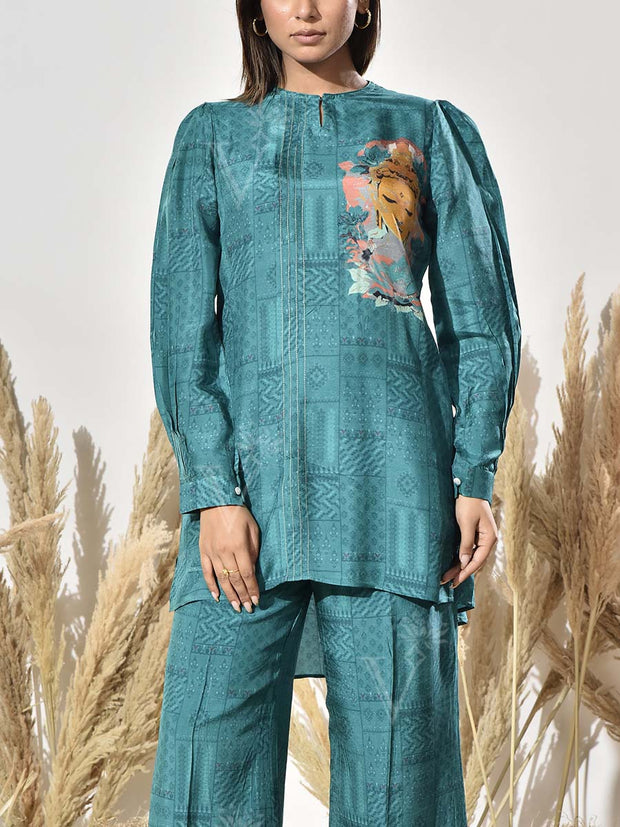 Teal Vasansi Silk Printed Co Ord Set