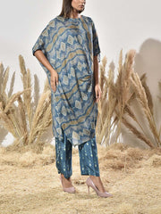 Teal Asymmetric Vasansi Silk Kurta and Pant Set