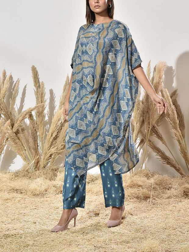 Teal Asymmetric Vasansi Silk Kurta and Pant Set