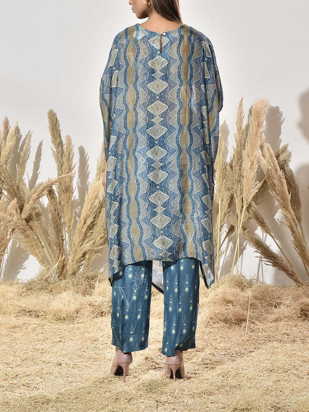 Teal Asymmetric Vasansi Silk Kurta and Pant Set