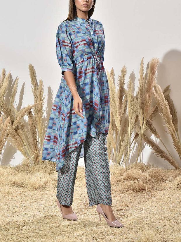 Blue and Green Asymmetric Print Kurta and Pant Set