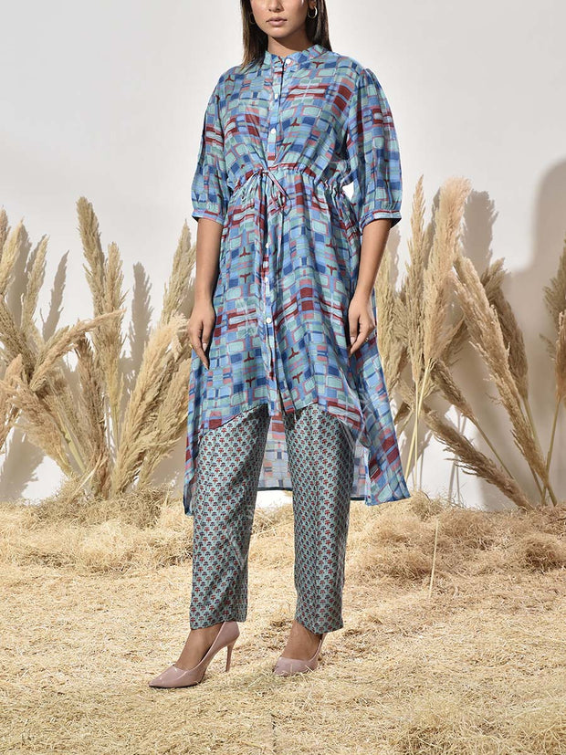 Blue and Green Asymmetric Print Kurta and Pant Set