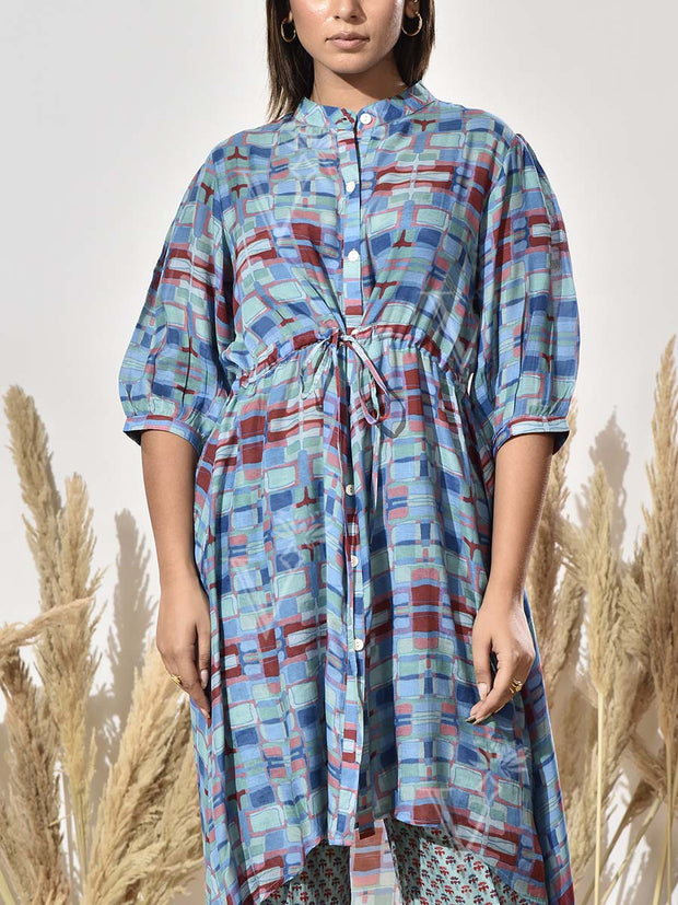 Blue and Green Asymmetric Print Kurta and Pant Set