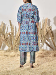 Blue and Green Asymmetric Print Kurta and Pant Set