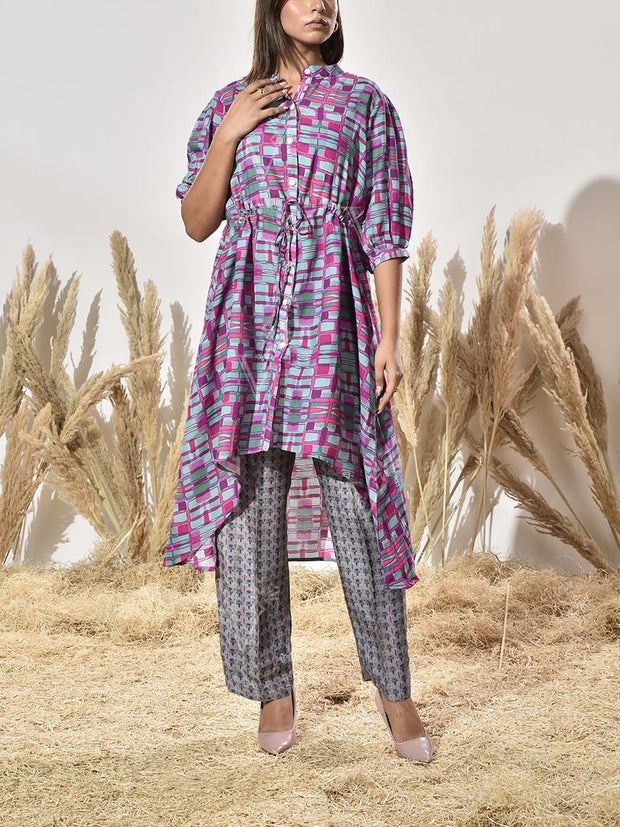 Pink and Grey Asymmetric Print Kurta and Pant Set